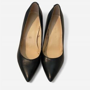 Nine West black stiletto pump heels, slip on, pointed toe, leather upper, solid